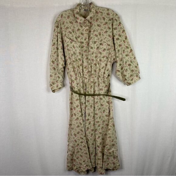 Reo Vintage Green Khaki Floral Half Button Down Dress Belt Pockets 14 - Picture 2 of 14